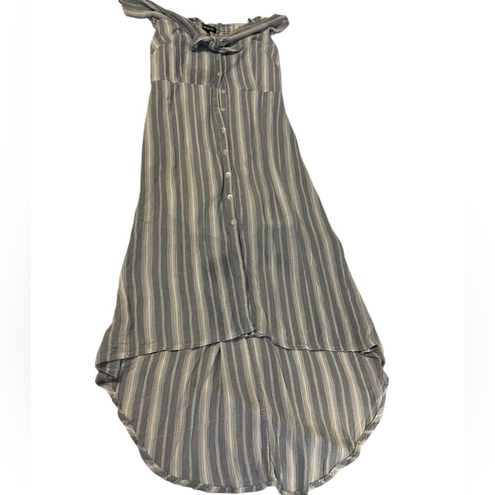 Coastal Cottagecore Boho Fairy Striped Midi Dress Blue White Tie Neck Button XS - Picture 2 of 5